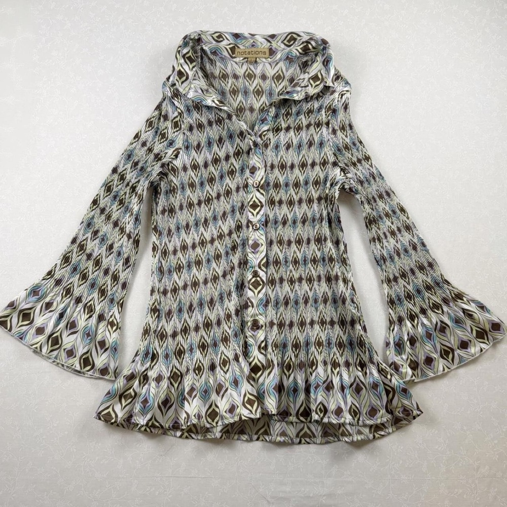Notations Y2K Geometric Crinkle Bell Sleeve Blouse — Size L